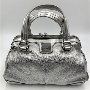 Auth Celine Silver Metallic Pebble Grain Leather Handbag